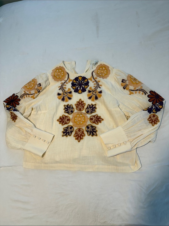 Pinch Tops - Pinch Embroidered Cream Peasant Blouse with Mustard & Navy Floral Motifs Size L